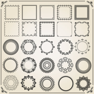 Vintage set of horizontal, square and round elements. Black and white elements for backgrounds, frames and monograms. Classic patterns. Set of vintage patterns