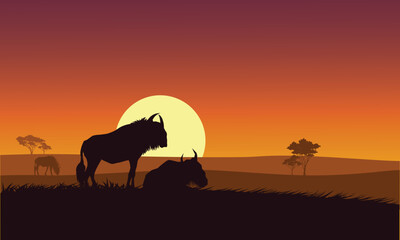Naklejka na ściany i meble Color sunset scene African landscape with silhouette wild beast vector illustration.