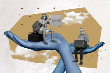 Creative trend collage of hands palms hold two men travelers tourists hitchhiker hipsters bags suitcase baggage plate anywhere text