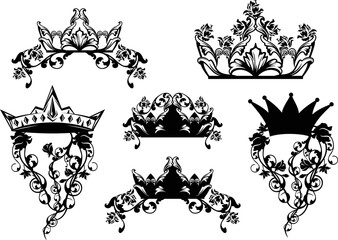 fairy tale royal crown decorated with rose flowers black and white vector silhouette design set - fantasy queen or princess heraldic symbol