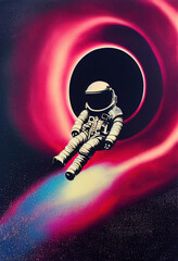 Fototapeta na wymiar Spaceman drifting on universe. Black hole at background. Surreal Art Scene Abstract concept Illustration.