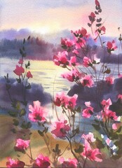 Flowering pink branch in spring watercolor background. Spring landscape.