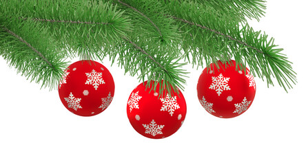Fir Tree Branch and Red Christmas Balls isolated illustration