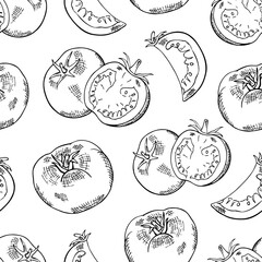 seamless black and white pattern with whole and tomato slices, contour drawing by hand with hatching