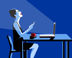 Happy Young Beautiful Woman Using Smartphone and Laptop, Indoors. Retro vintage illustration, pop art, vector illustration. - 537766527