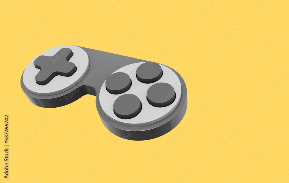Poster minimalistic console game controller. gray icon on yellow background with space for text. 3d renderi