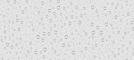 Realistic water droplets transparent pattern on light background. Raindrops on glass. Shower or rain on window. Drops texture. Condensed wet on surface. Vector illustration - obrazy, fototapety, plakaty
