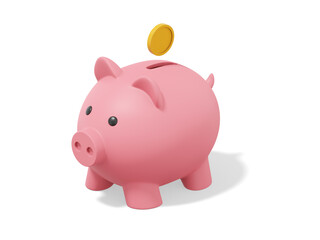Accumulation of savings icon. 3D rendering. Pink piggy bank with falling coins on white background.
