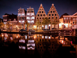Haarlem at night, along the Donkere Spaarne river in the Netherlands