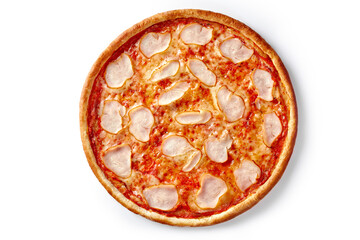 Freshly baked pizza with pelati sauce, mozzarella and smoked chicken fillet isolated on white