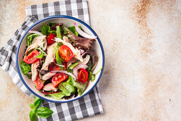 chicken breast salad tomato, green lettuce, red onion healthy meal food snack diet on the table copy space food background 