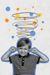 Composite collage image of small cute charming child schoolboy cover close ears avoid ignore loud...
