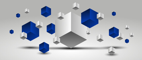 Abstract background with falling 3d cubes. Dynamic flying white and blue cubes. Modern trendy horizontal banner, poster, header template for website. Vector illustration.