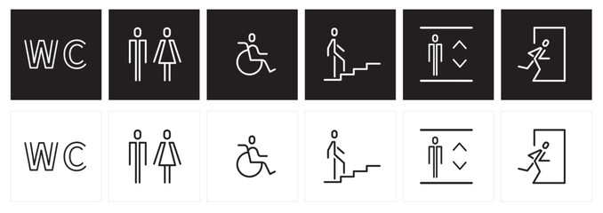 male and female toilet symbols. disabled icon. gender icon. restroom pictogram. Elevator and Escalator public signage. WC signage	
