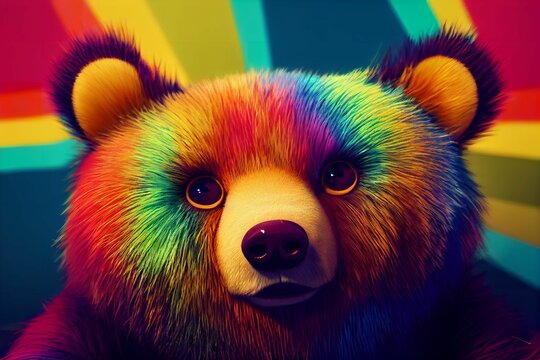 Illustration of adorable chubby baby bear with colorful fur on colorful background