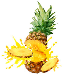 Tasty tropical pineapple slices juice burst isolated