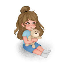 lonely girl holding bear doll