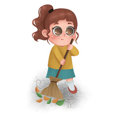 cute girl sweeping illustration