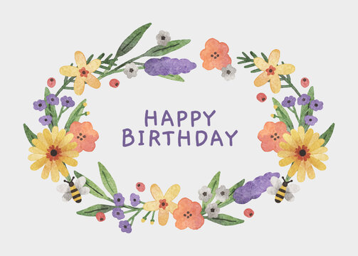 Happy birthday blooming flower card watercolor