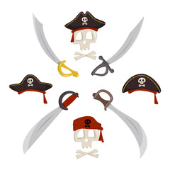 Skeleton skull and crossbones in pirate cocked hat, crossed sabers, knight and warrior. Item for Halloween, holiday and children design. Vector flat illustration