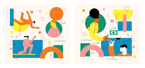 People sending, transfering money, coins from debit card, credit card, replenishment of balance, account on Internet. Banking service, successful contactless payment transaction.