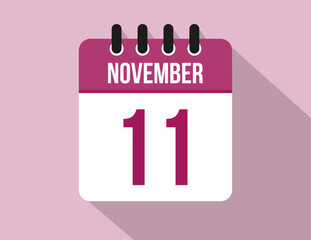 11 day November calendar. Calendar vector for November in pink color on light background