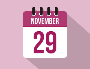 29 day November calendar. Calendar vector for November in pink color on light background