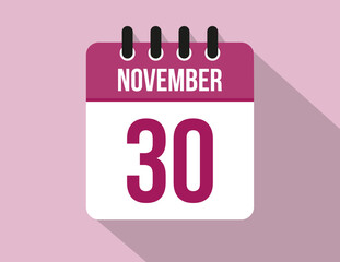30 day November calendar. Calendar vector for November in pink color on light background