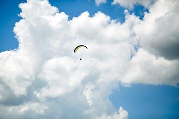 Blue and yellow Ukrainian flag paraglide in skydive