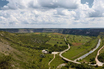Wide top panoramic view, Butuceni canyon in Moldova, Orheiul Vechi