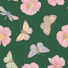 Seamless pattern of butterflies dragonflies and flowers.