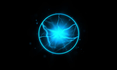 Powerful electrical discharge, lightning strike impact place realistic on transparent background. Ball lightning, magical effect design element. Electric energy flash sphere.