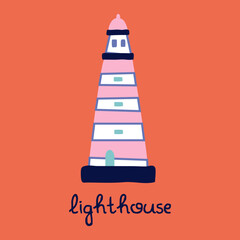 Lighthouse flat style vector art illustration Isolated On orange background