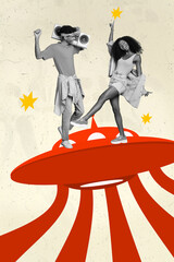 Creative photo 3d collage poster postcard artwork of two happy millennial people fun weekend stand big ufo isolated on drawing background