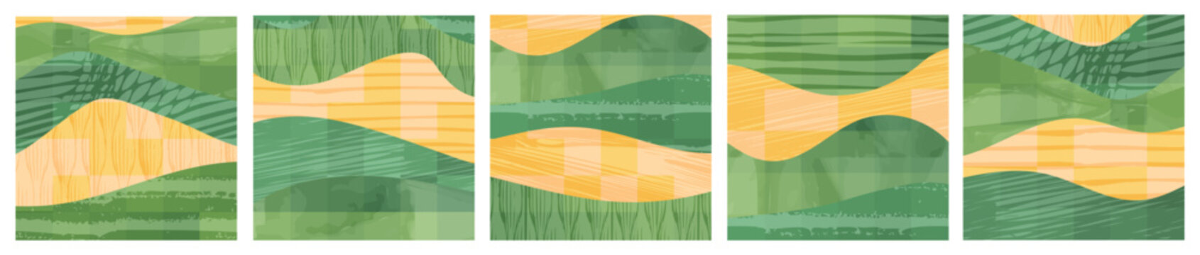 Green Farm Field Eco Pattern Background For Social Media Post Template. Abstract Agriculture Landscape With Texture Vector Illustration. Farmland Square Card. Set Of Nature Collage, Mosaic Backdrop