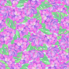 floral seamless pattern, watercolor pink blue leaves on white background. delicate romantic field of flowers