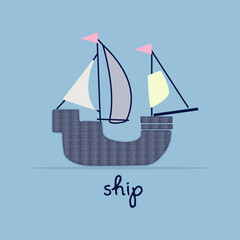 Cartoon Ship Flat style vector Art illustration isolated on sky blue background