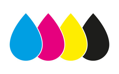 Cmyk print icon. Four drops in cmyk colors symbols. Cyan, magenta, yellow, key, black drops isolated on white background