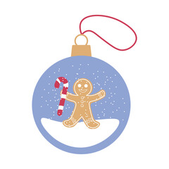 Christmas ball with gingerbread man, candy cane and snow