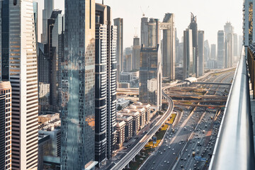 Fototapeta na wymiar Dubai - amazing city center with luxury skyscrapers at sunrise, United Arab Emirates