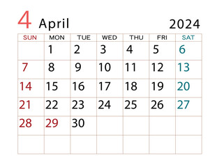 2024年カレンダー　4月	
