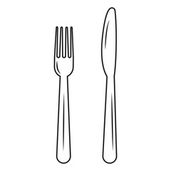 Cutlery fork and knife, color isolated illustration, black contour doodle