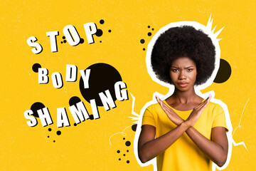 Creative drawing collage picture of young woman stressed crossed hands block stop body shaming text...