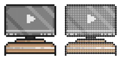 Pixel icon. Flat screen TV on home theater table. Watching movie at home on larger screen. Simple retro game vector isolated on white background