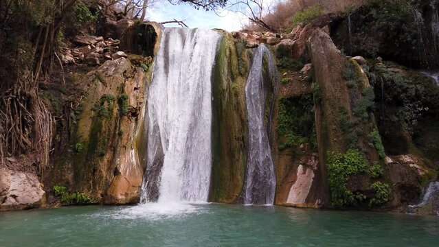 Looking Up On Waterfalls Flowing To The Natural Pool In Cascada de Comala Park, Mexico. - POV, tilt up