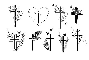 Set of religious crosses with twigs. Vector illustration. Religious Easter Symbol.