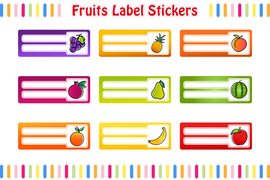 Fruits Labels Stickers, School name labels, Rectangular labels color vector isolated illustration
