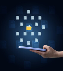 A woman's hand holds a smartphone and icons of folders and files. Document management system concept