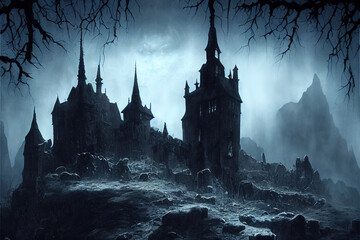 Background for a scary fairy tale background, a dark gothic castle in a dark dead valley, some kind of gray place in a gloomy area of a mountainous region.