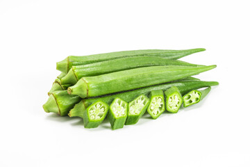 fresh green okra isolated on white background. healthy vegetables.